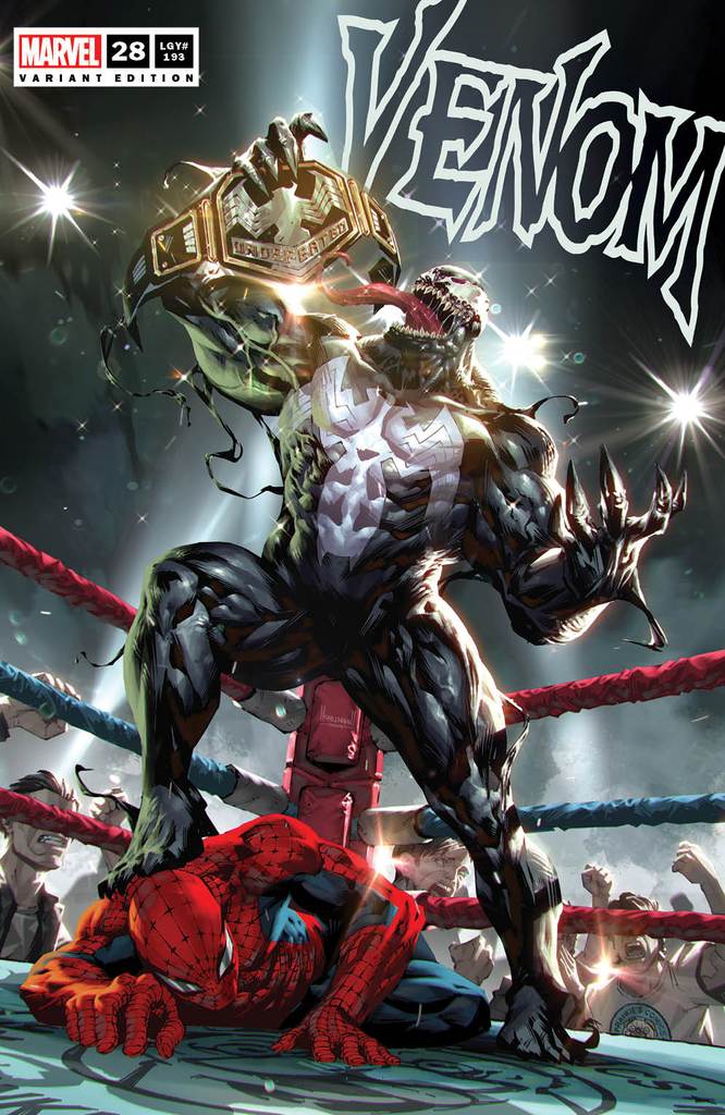 SEXY AND BLOODY BLACK CAT THINKING ABOUT SPIDERMAN MARY JANE GWEN VENOM BY KAEL NGU HOLDS THE WWE WRESTLING CHAMPIONSHIP BELT OVER HIS FOE, SPIDER-MAN CARNAGE. WRAITH KNULL VIRUS CODEX DONNY CATES